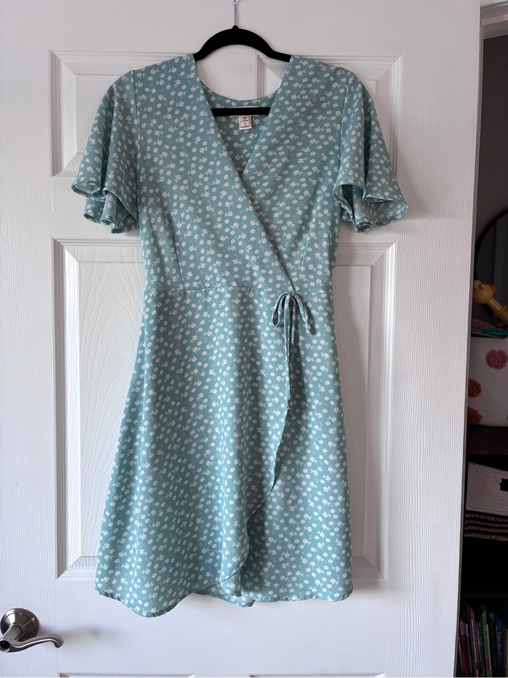 Monteau Mint Blue Floral Wrap Dress with Tie Waist